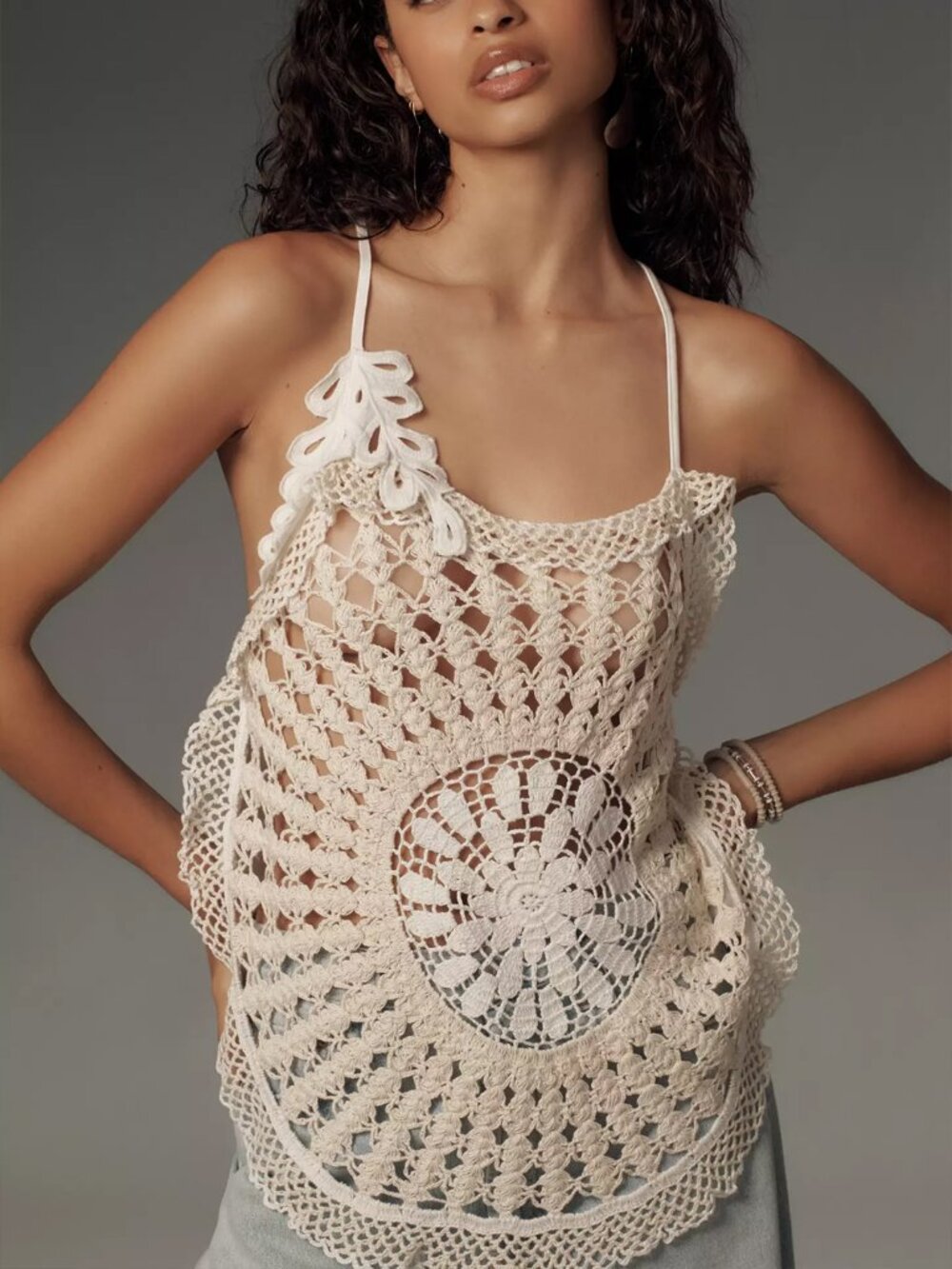 By Anthropologie Pieced Crochet Sweater Tank Ivory XXS